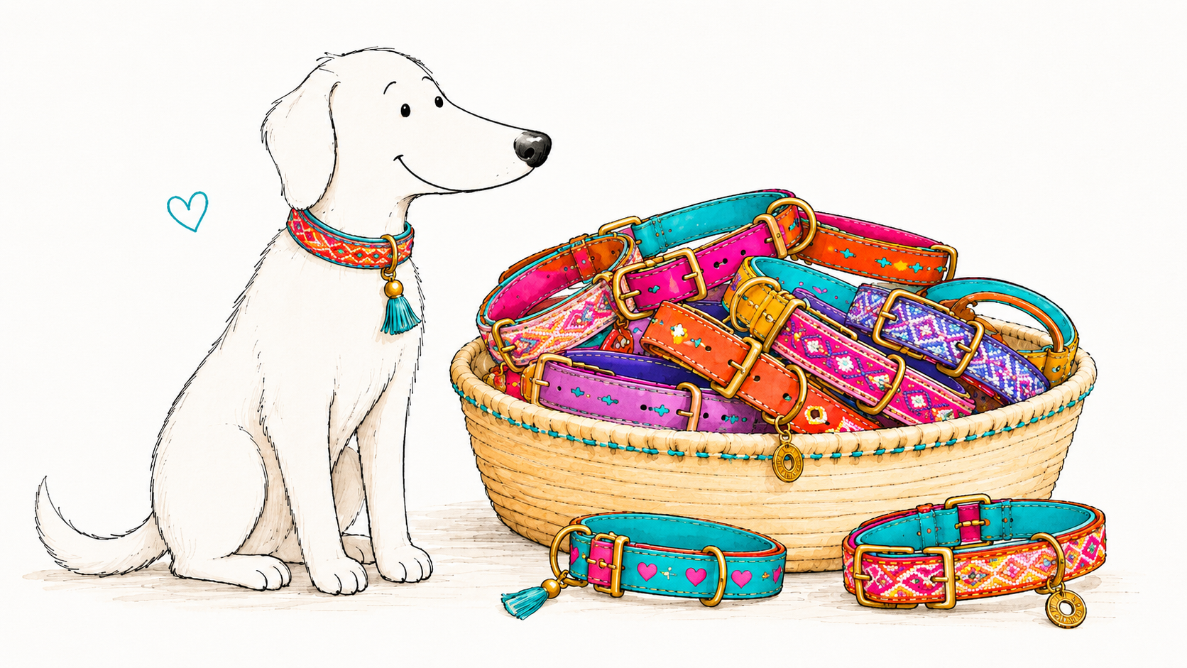 Illustration of a dog wearing a colorful leather collar next to a basket full of colorful Dog with a Mission dog collars