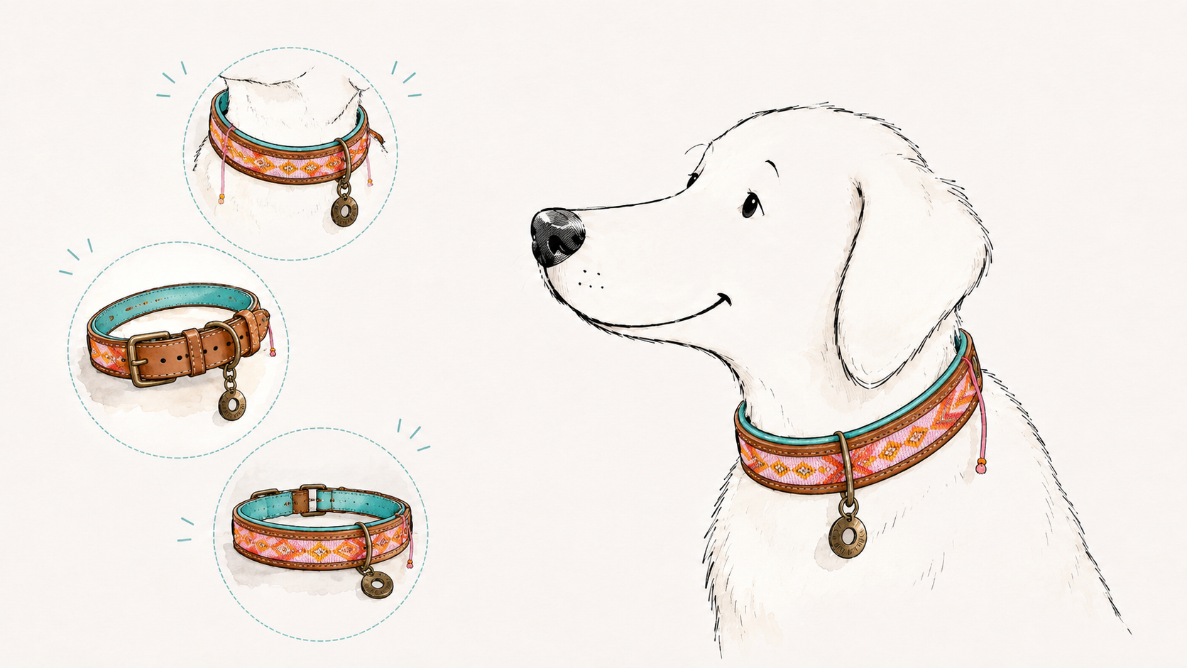Wide dog collar with detail view and fit guide showing correct sizing