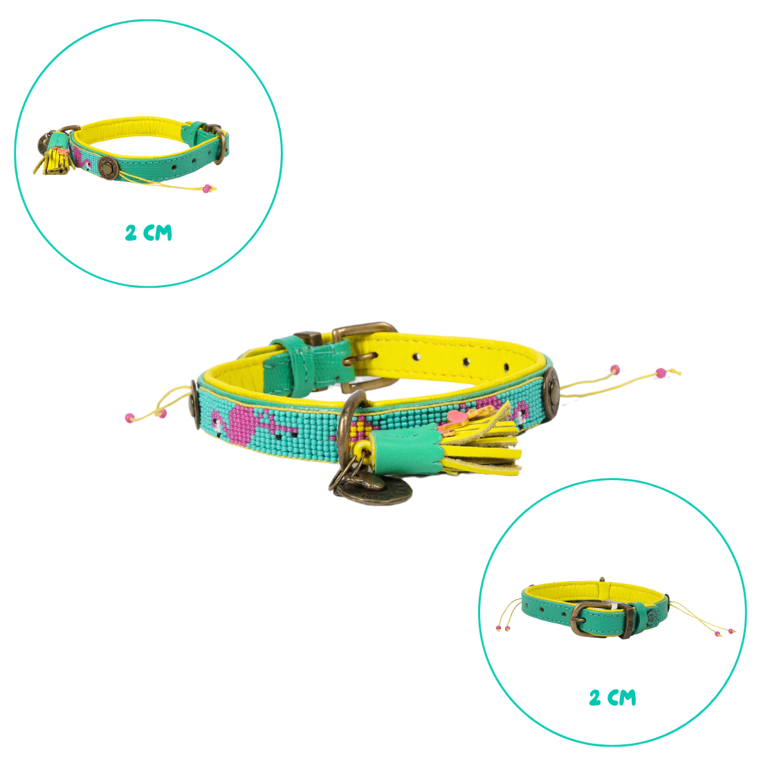 Hondenhalsband met kralenpatroon turquoise roze geel - Dog with a Mission Chogogo detail