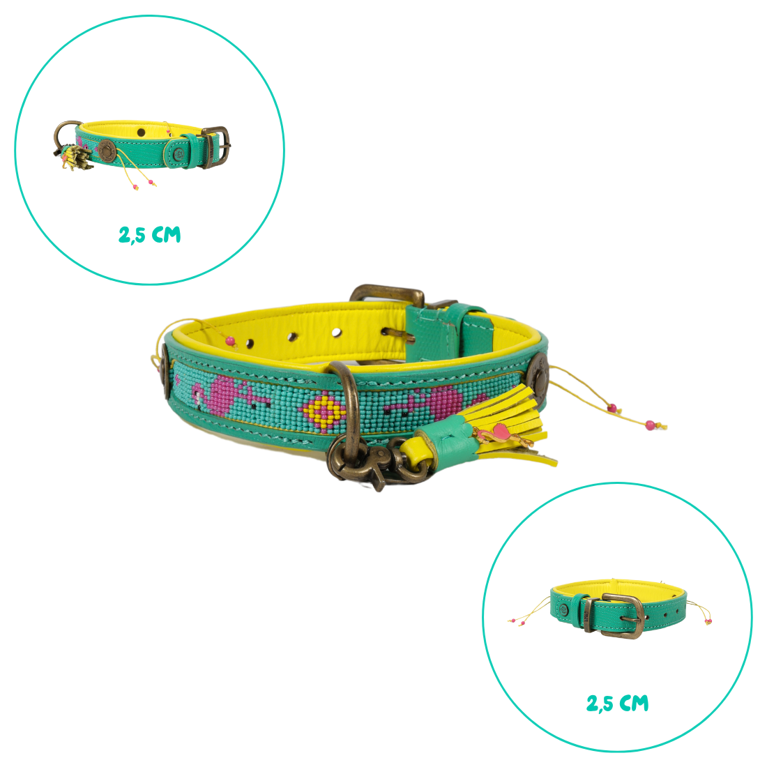 Hondenhalsband met kralenpatroon turquoise roze geel - Dog with a Mission Chogogo detail