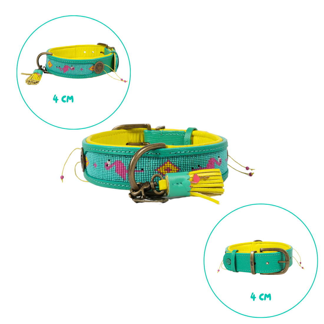 Turquoise leren hondenhalsband met gele kwastjes - DWAM Dog with a Mission Chogogo