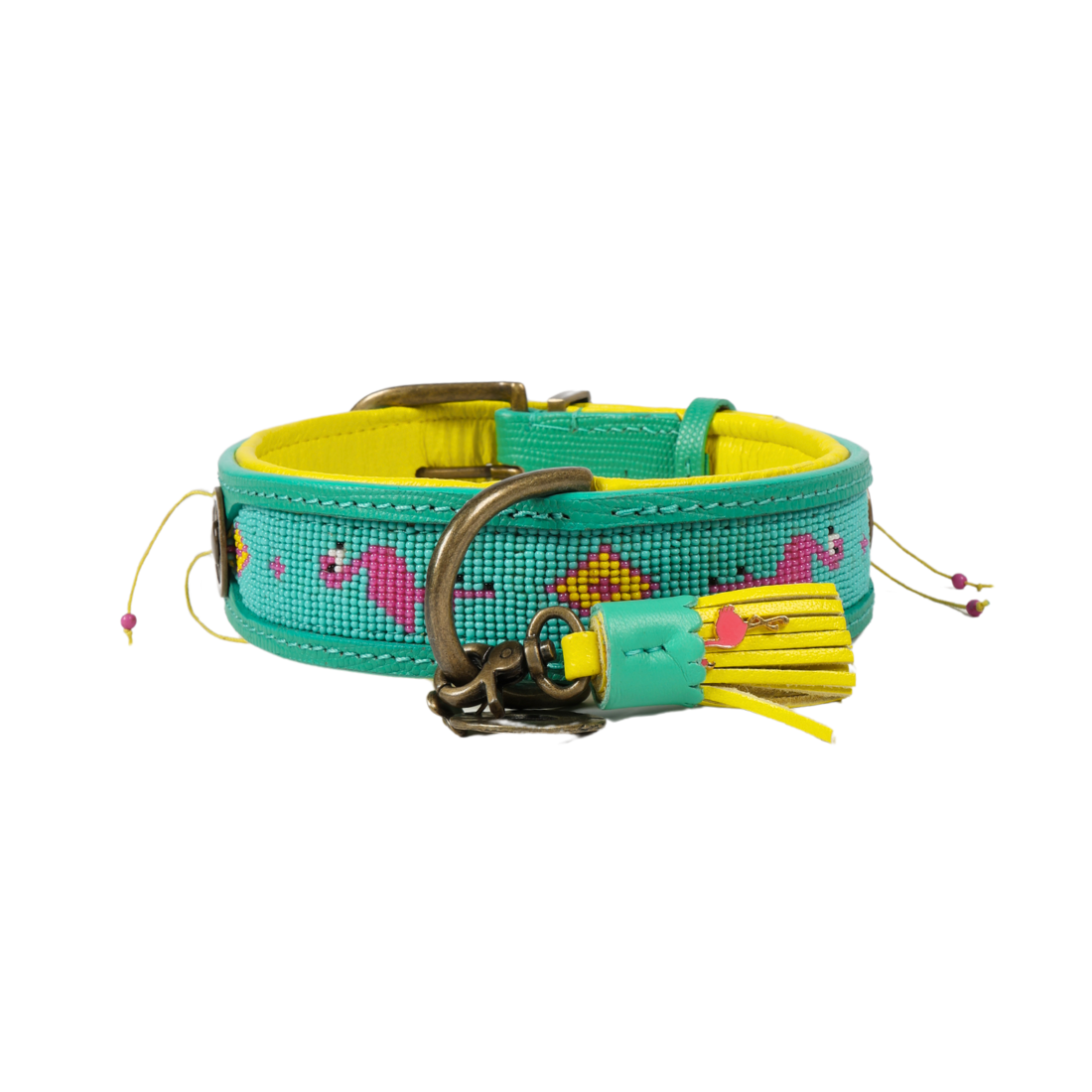 Hondenhalsband met kralenpatroon turquoise roze geel - Dog with a Mission Chogogo detail
