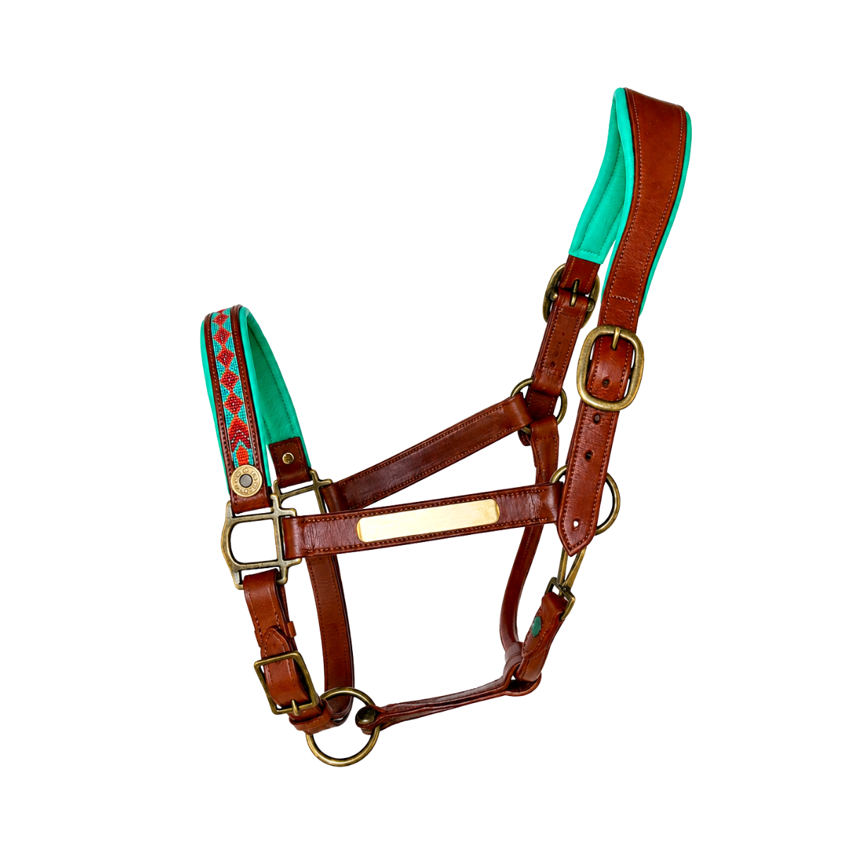 Paddy Lee horse halter full size in tan buffalo leather with turquoise and red woven noseband detail, antique brass buckles and name plate, white background