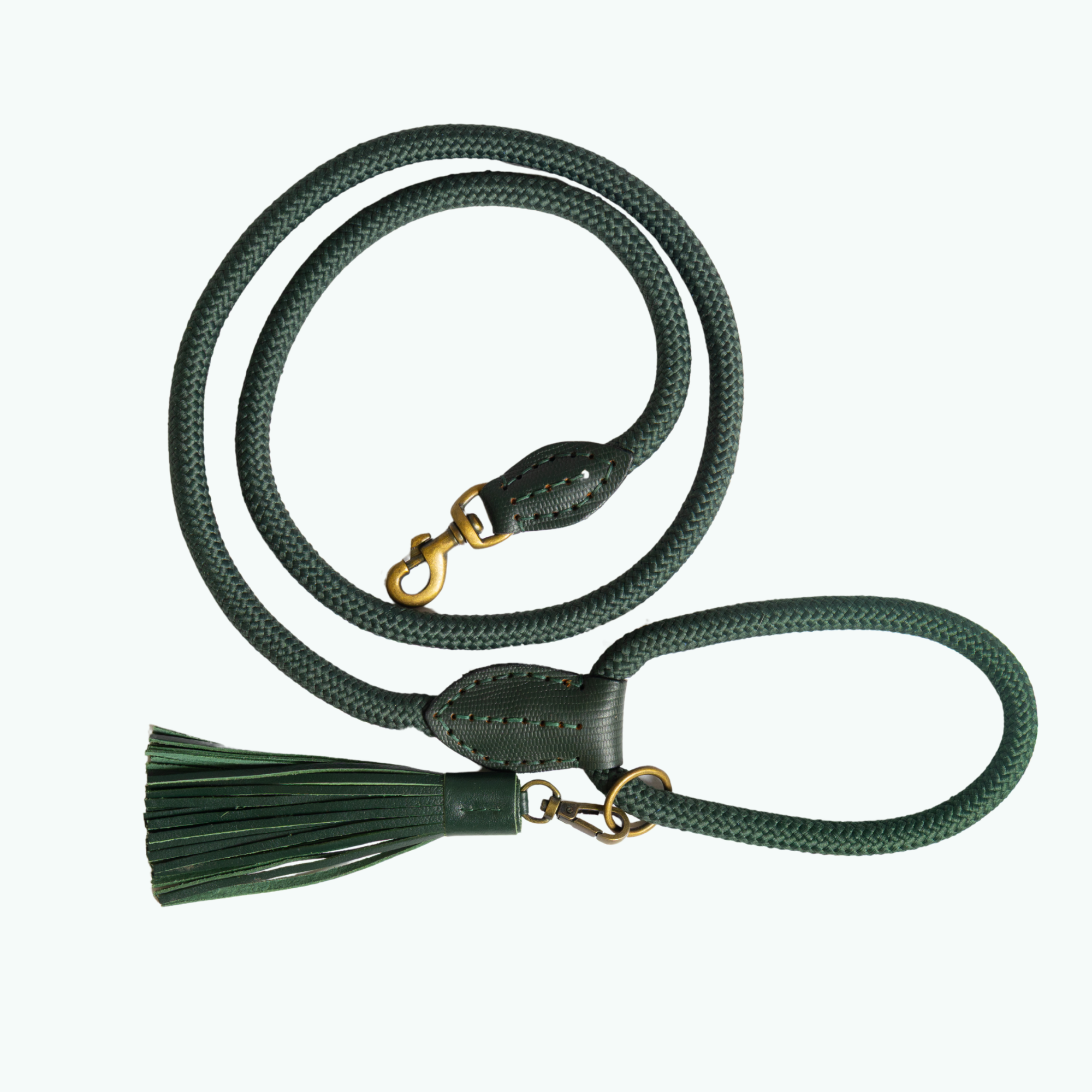 Donkergroene touwriem voor honden maat L van Dog with a Mission – Classic Moss hondenriem 155 cm met gouden karabijnhaak en leren kwast