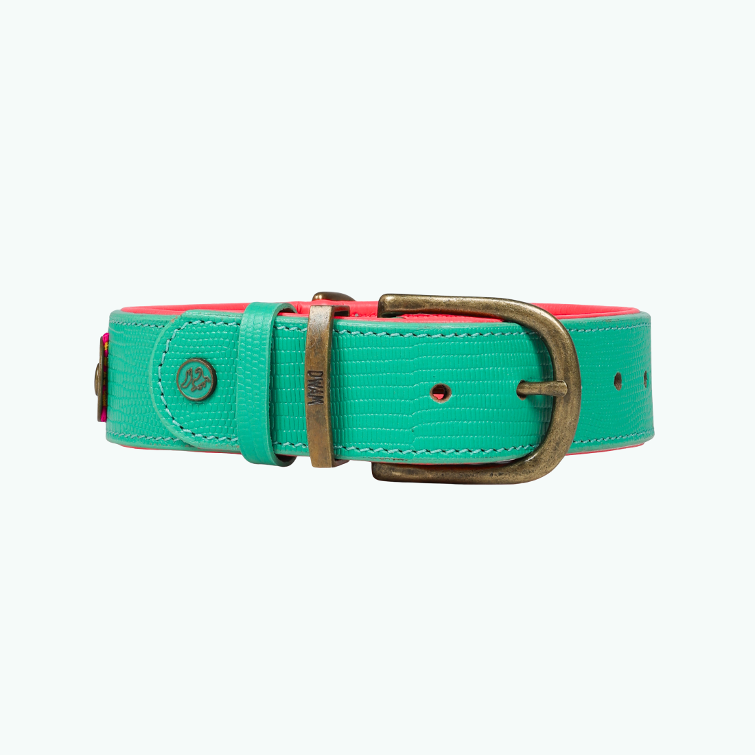 Achterkant van de Maui hondenhalsband 4 cm breed met D-ring en messing hardware in turquoise buffelleer – Dog with a Mission