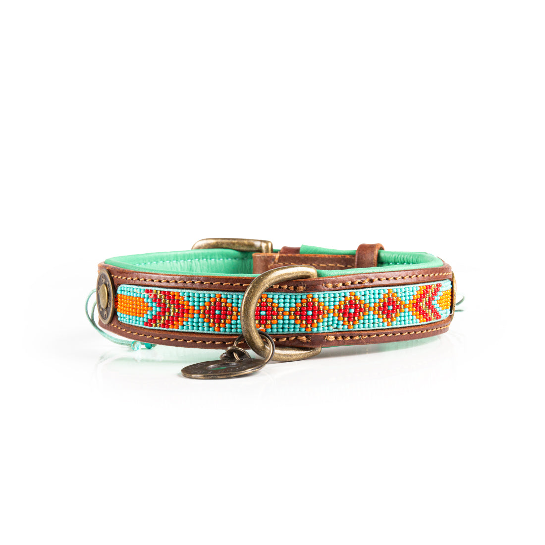 Beads Paddy Lee leren halsband M 2,5 cm turquoise met oranje kralen Dog with a Mission DWAM