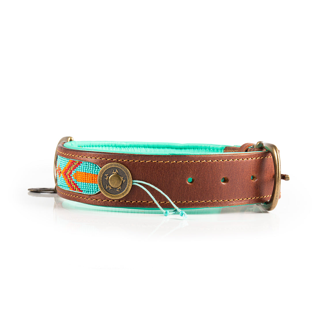Beads Paddy Lee halsband detail turquoise leer met oranje kralen Dog with a Mission DWAM