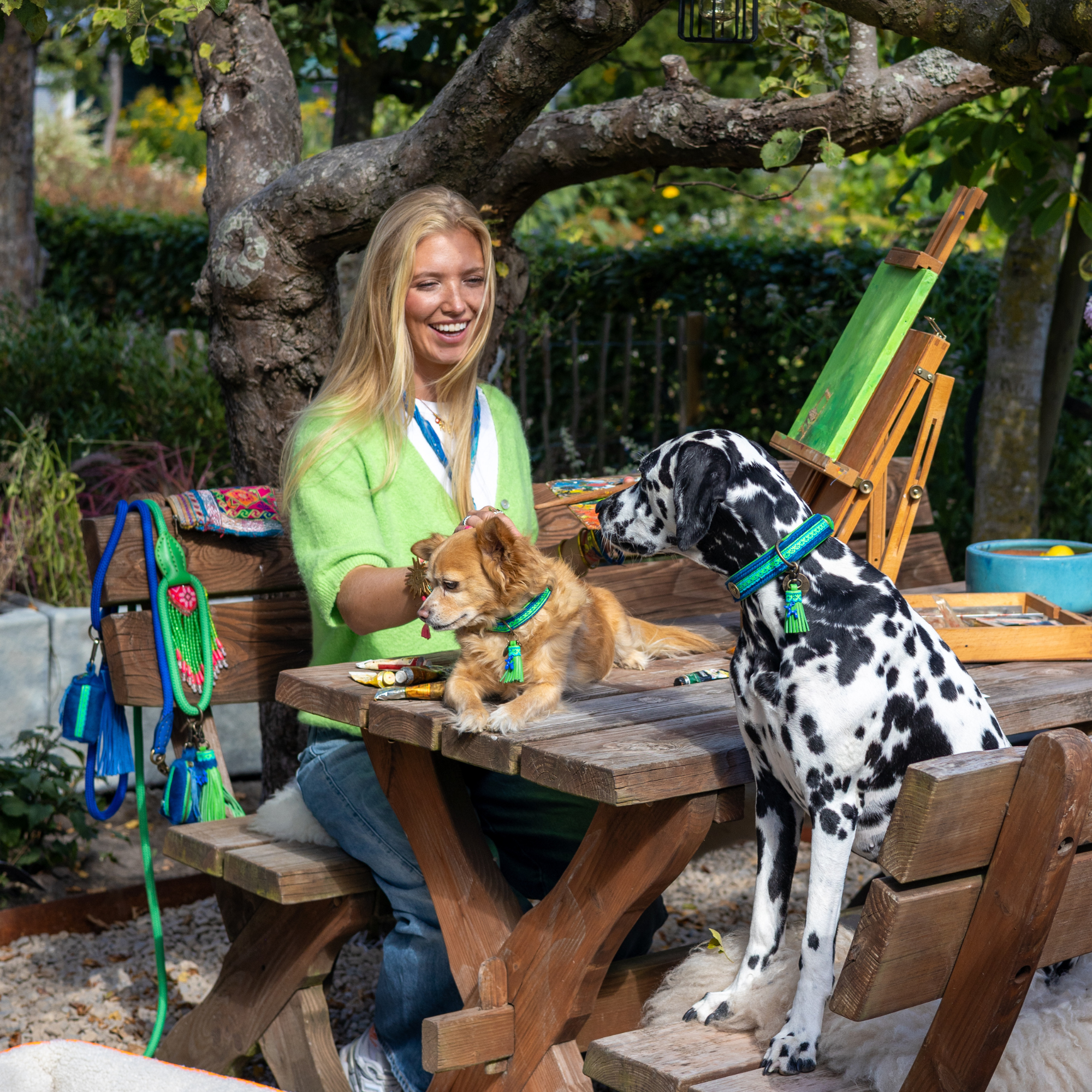 Zula hondenhalsband, poepzakjeshouder en Atlantic hondenriem in kobaltblauwe vacht met neongroen, complete Zula set – DWAM Dog with a Mission