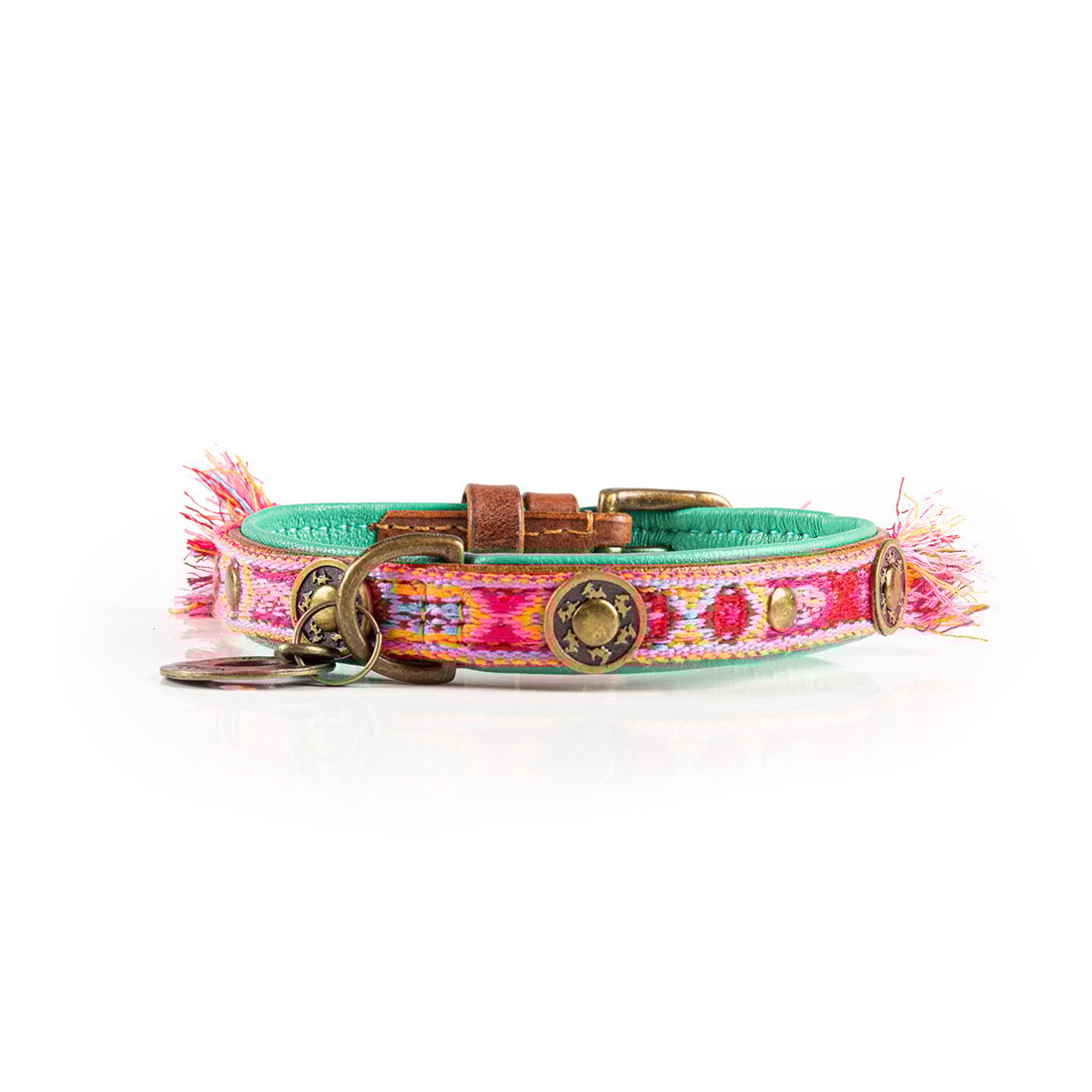 Dog with a Mission Boho Rosa hondenhalsband detail - bruin leer met roze stoffen bandje