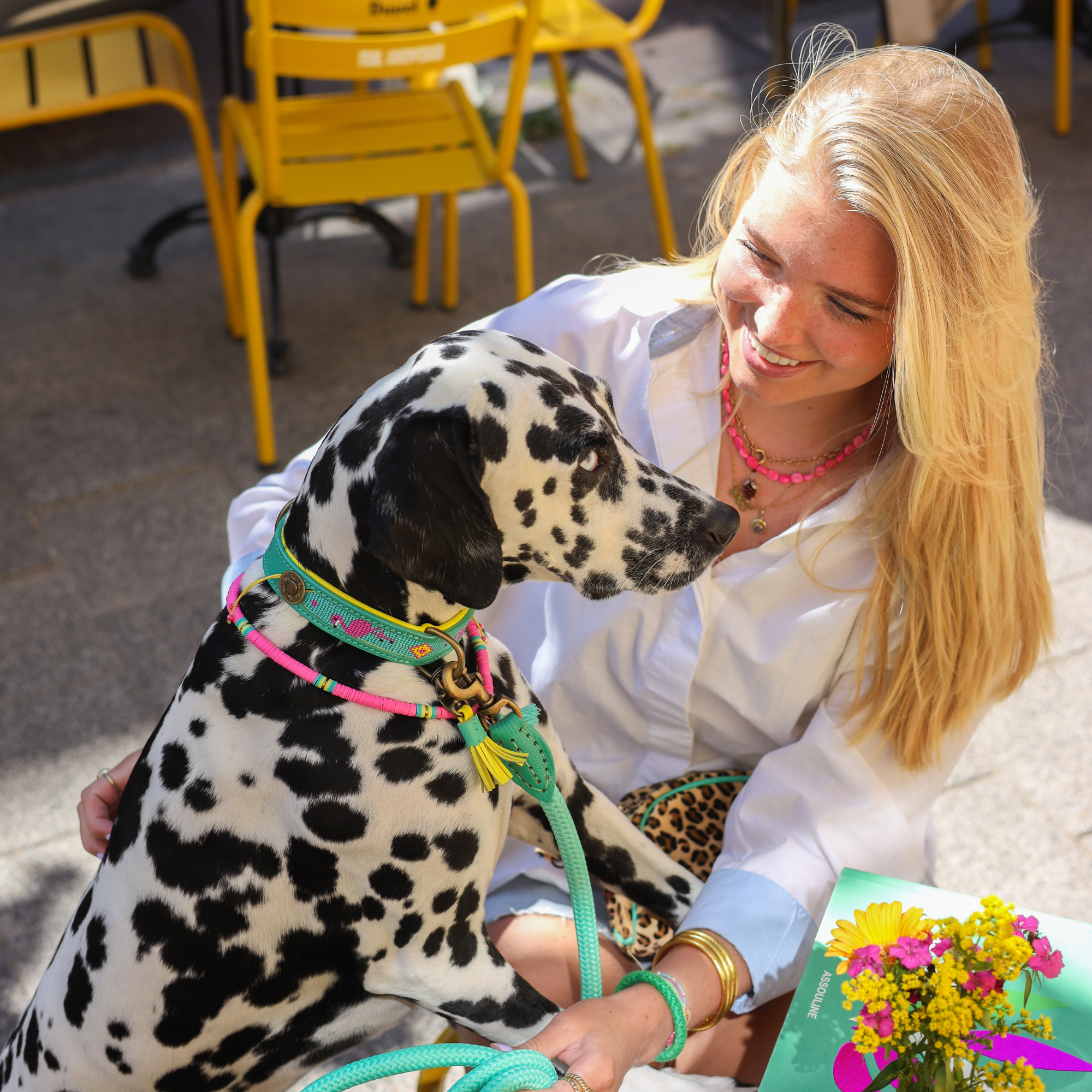 Gekleurde hondenhalsband Chogogo L op grote hond - Dog with a Mission DWAM tropical flamingo