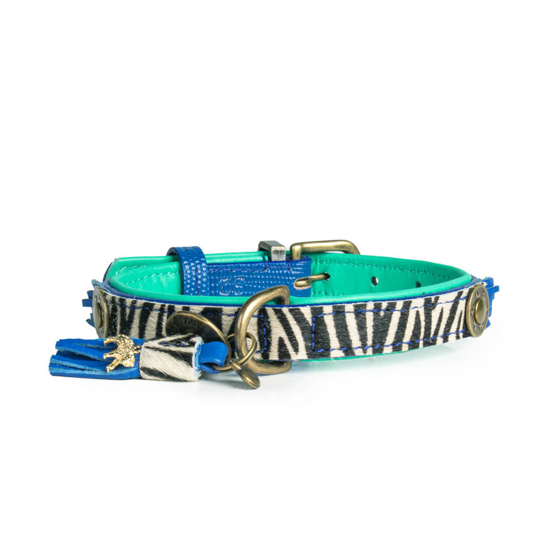 Dandy hondenhalsband detail zebraprint leer met blauw kwastje