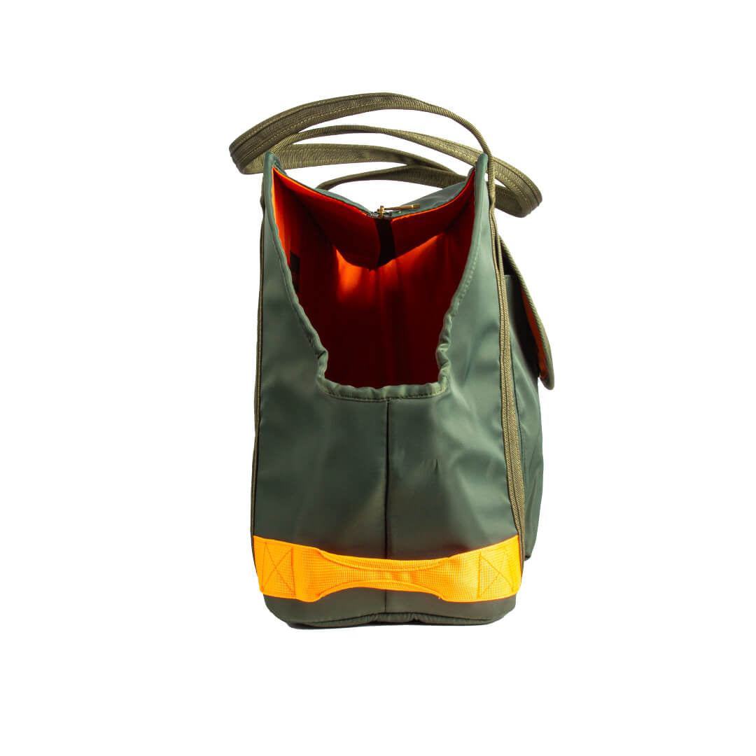 Travel Buddy hondentas groen stoer neon oranje zijaanzicht