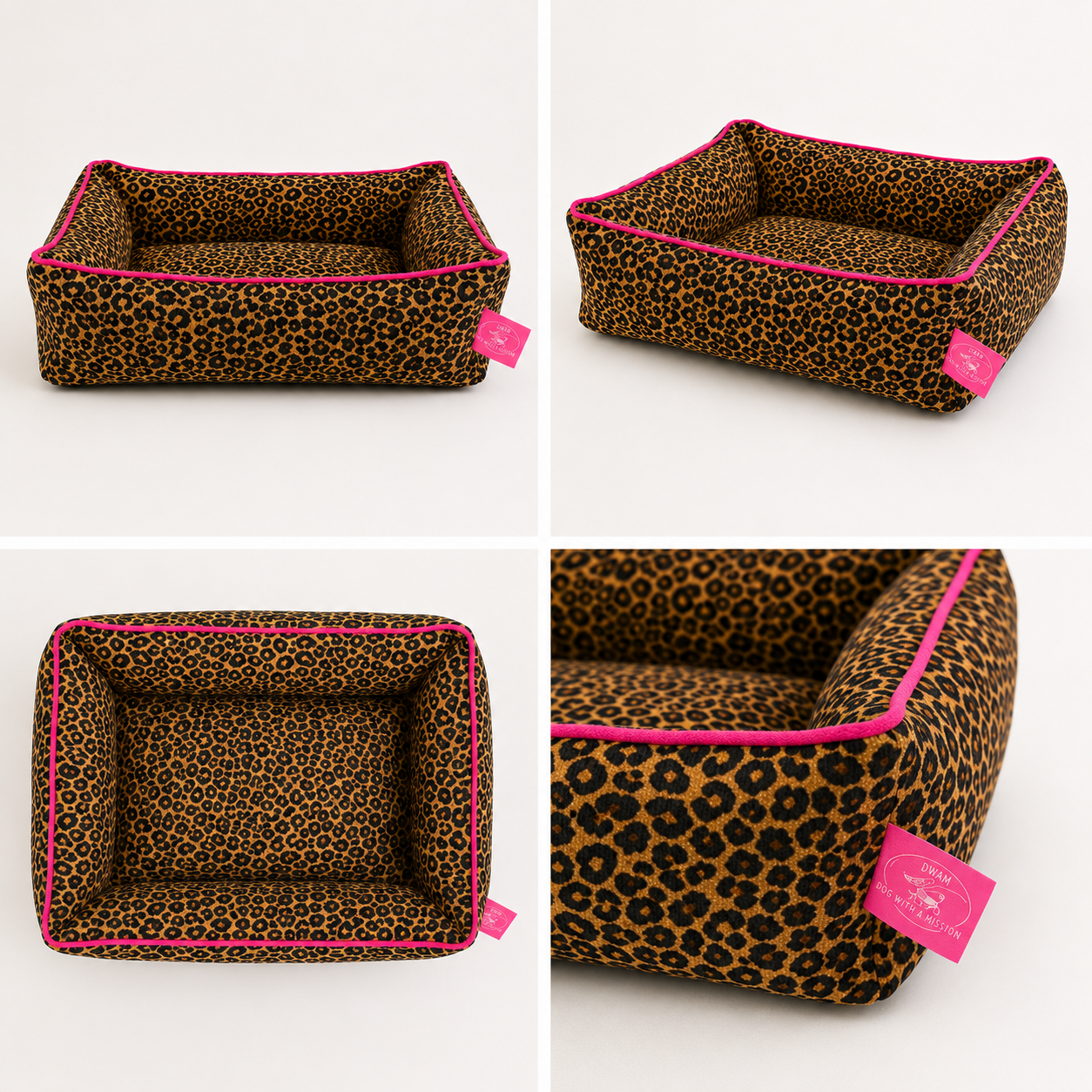 Lazy Leopard hondenmand met luipaardprint, bovenaanzicht, vooraanzicht, zijaanzicht en detailfoto.