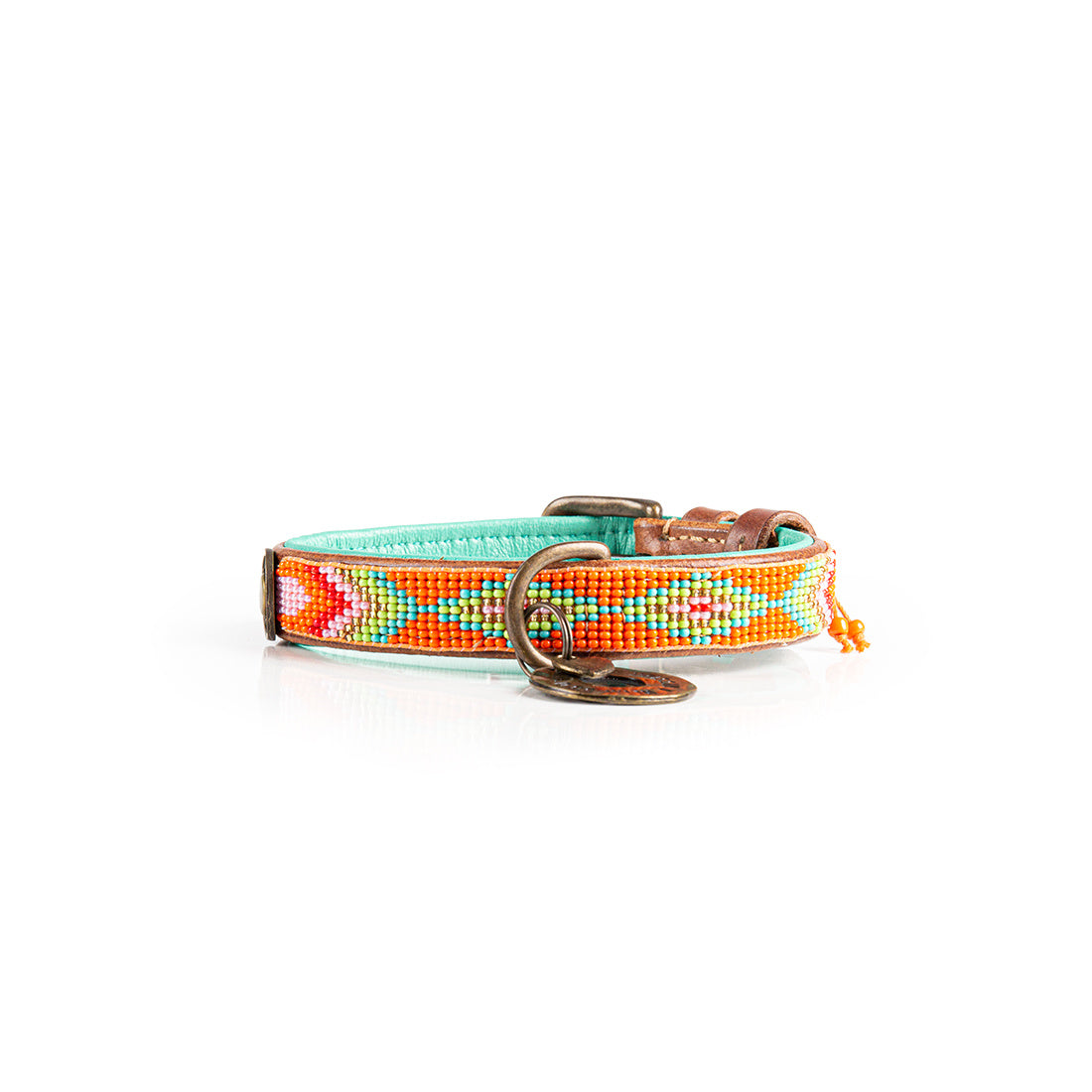 Beads Tiger Lily leren halsband XXXS 1,5 cm oranje geel met kralen Dog with a Mission DWAM