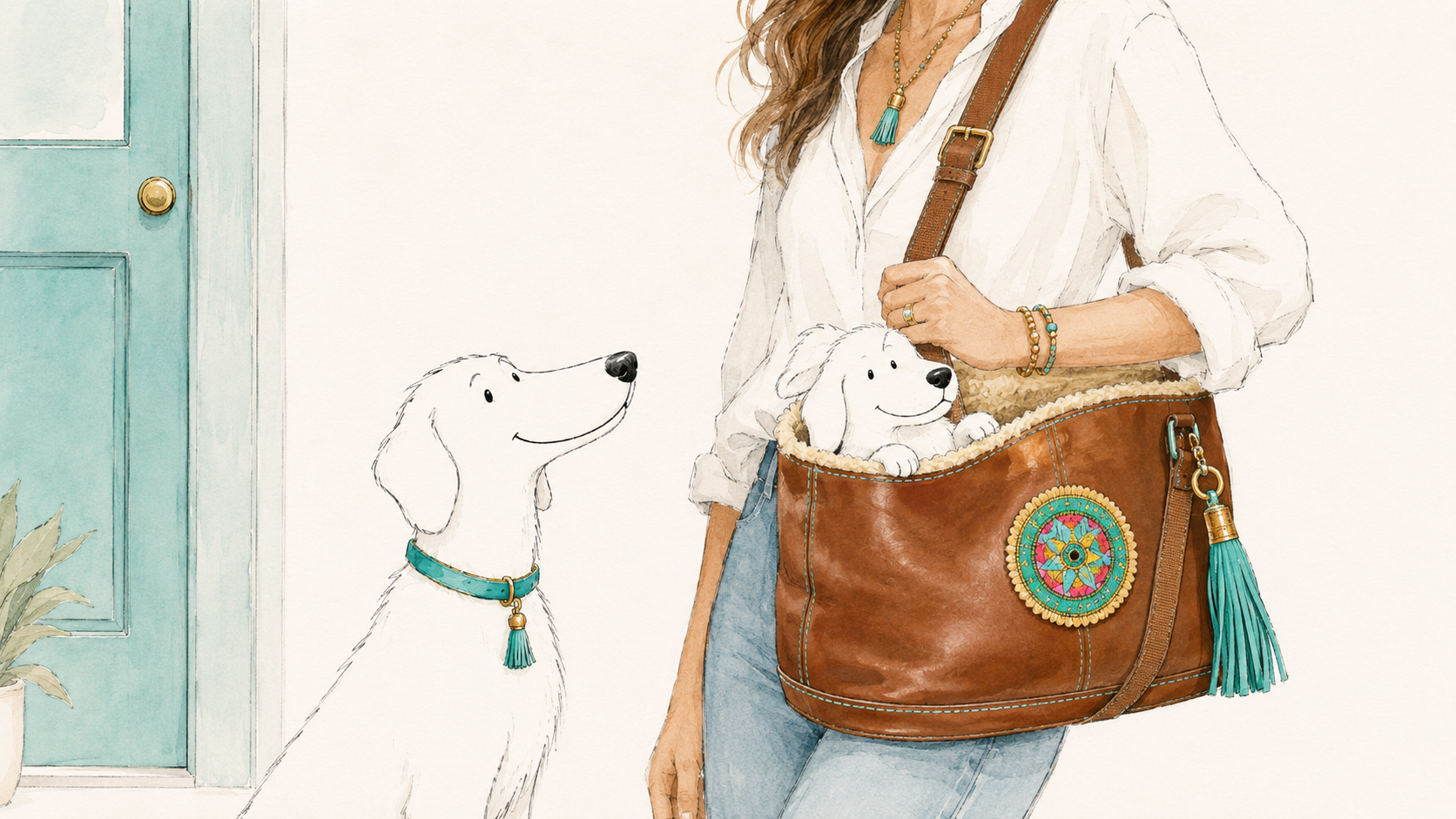 Woman carrying a small dog in a leather dog carrier bag