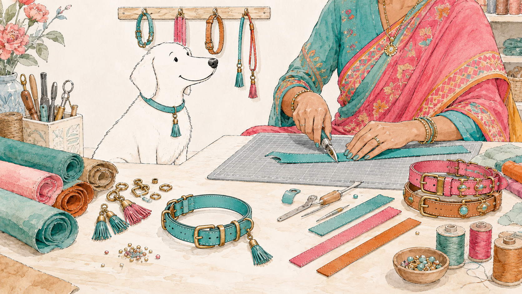 Artisan hand-cutting leather to craft a dog collar in the workshop