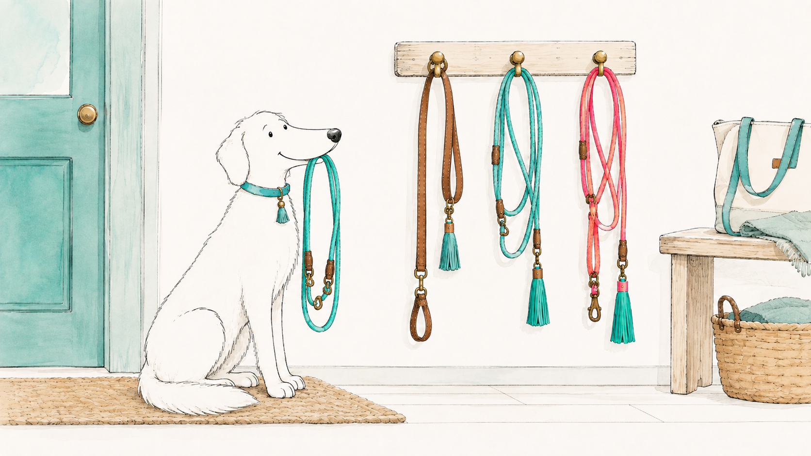 Different types of dog leashes hanging by the front door