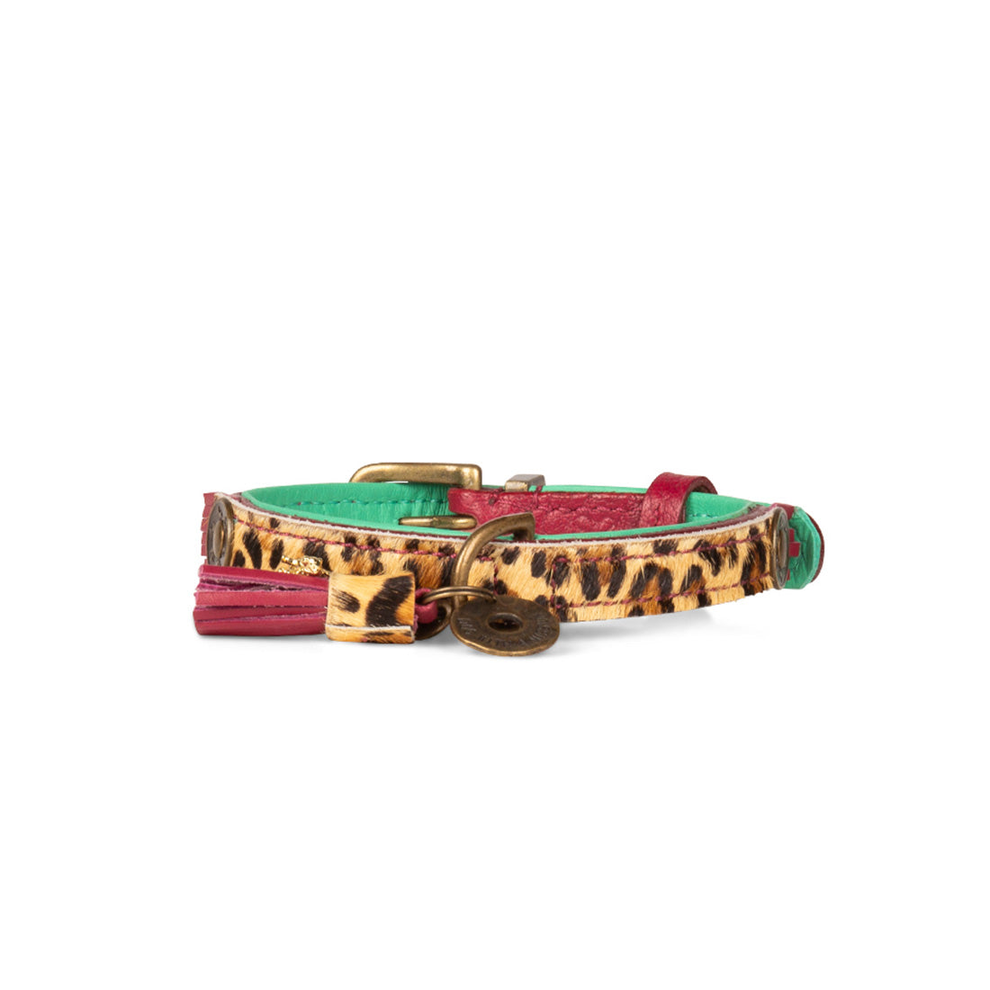 Lou Lou hondenhalsband detail bordeaux leer met panterprint en kwastje
