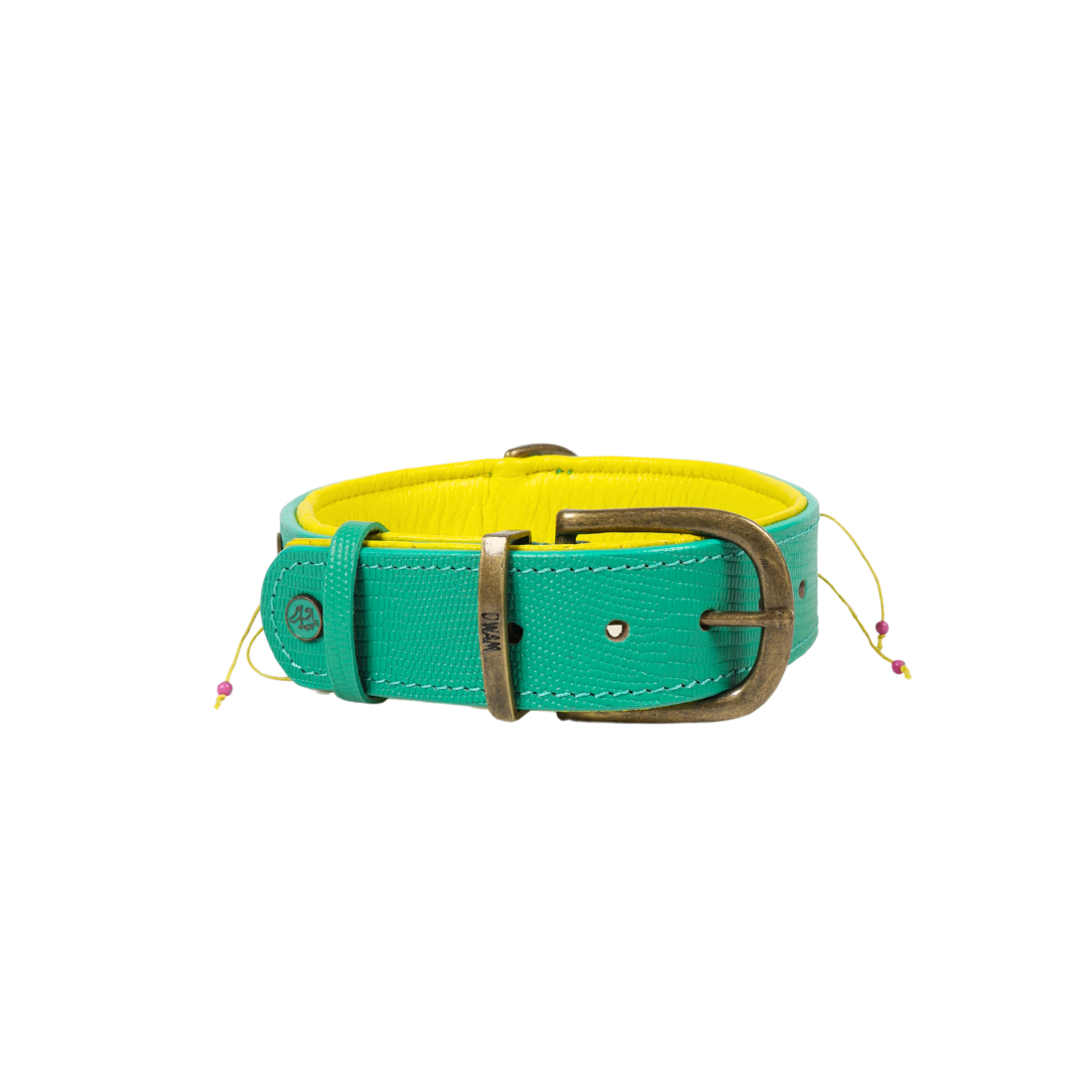 Turquoise leren hondenhalsband met gele kwastjes - DWAM Dog with a Mission Chogogo

