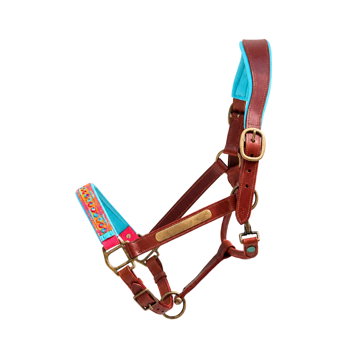 Indian Summer horse halter full size in tan buffalo leather with multicolor turquoise pink and orange woven noseband, antique brass buckles and name plate, white background
