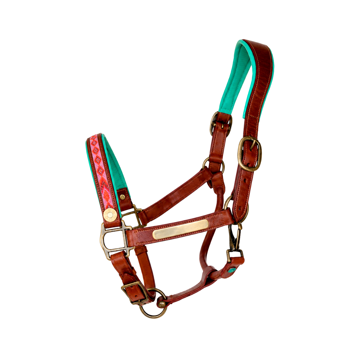 Sweet Mae horse halter full size in tan buffalo leather with colorful pink and mint woven detail, antique brass buckles and name plate, white background
