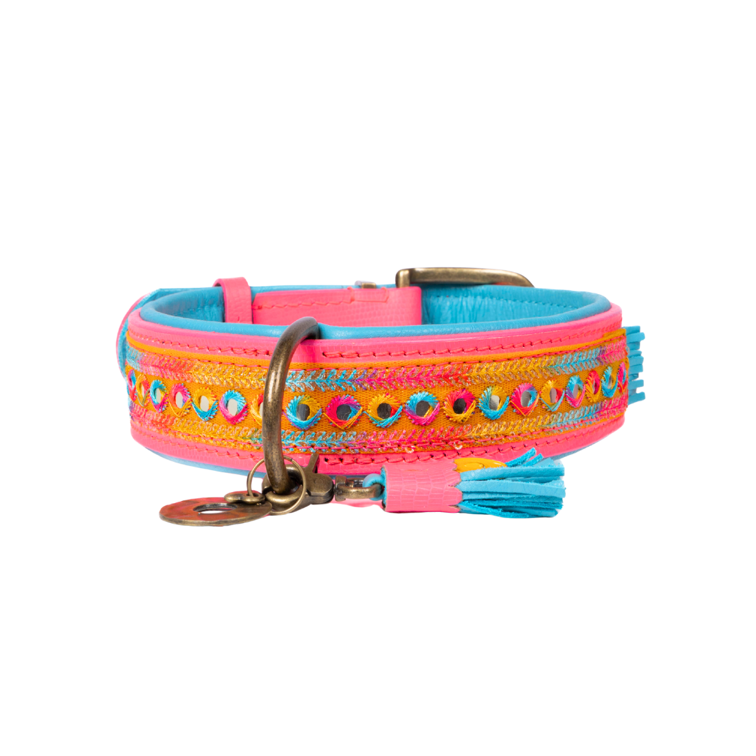 Handgemaakte boho hondenhalsband in blauw en hot pink met glitterdetails — Indian Summer Collar by Dog with a Mission