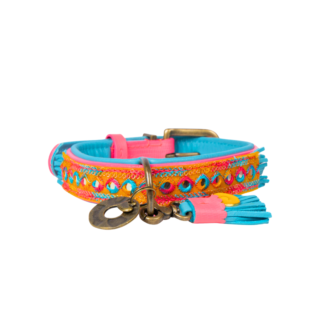 Handgemaakte boho hondenhalsband in blauw en hot pink met glitterdetails — Indian Summer Collar by Dog with a Mission
