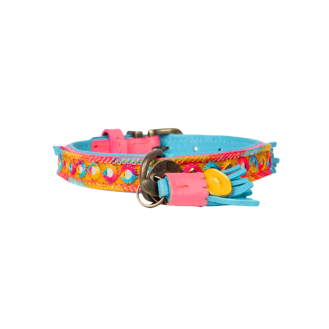 Handgemaakte boho hondenhalsband in blauw en hot pink met glitterdetails — Indian Summer Collar by Dog with a Mission