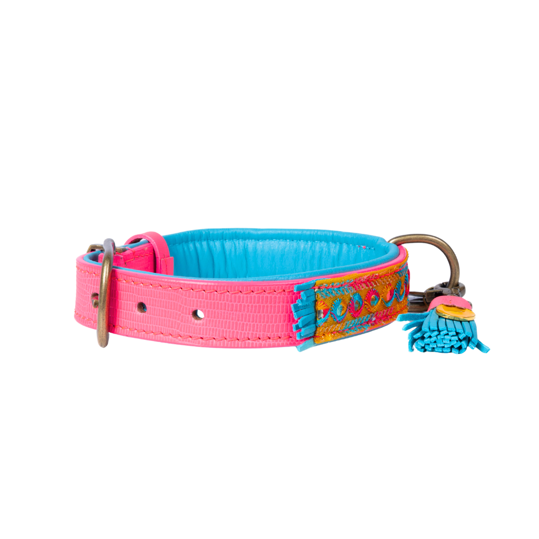 Handgemaakte boho hondenhalsband in blauw en hot pink met glitterdetails — Indian Summer Collar by Dog with a Mission