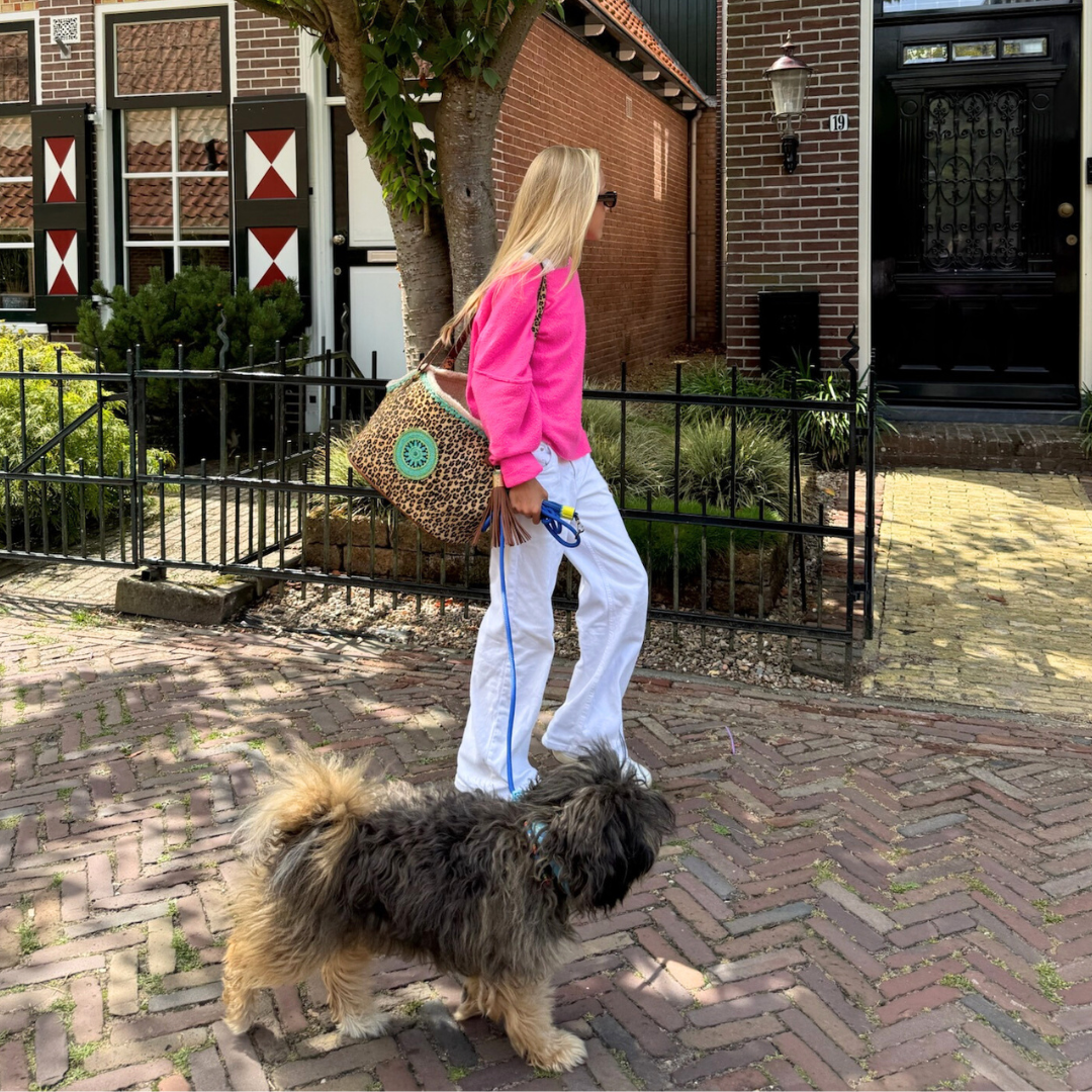 Leopard Lily hondentas luipaardprint leer lifestyle foto op straat - Dog with a Mission draagtas kleine hond
