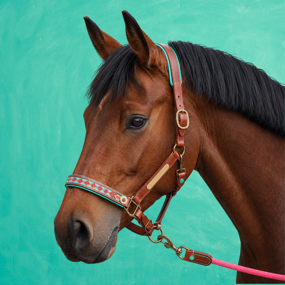 Chestnut horse wearing Paddy Lee buffalo leather halter with turquoise and red woven noseband and antique brass hardware by Dog with a Mission, teal background