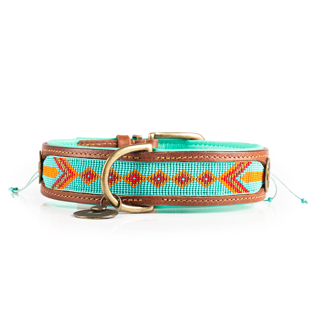 Beads Paddy Lee leren halsband L 4 cm turquoise met oranje kralen Dog with a Mission DWAM
