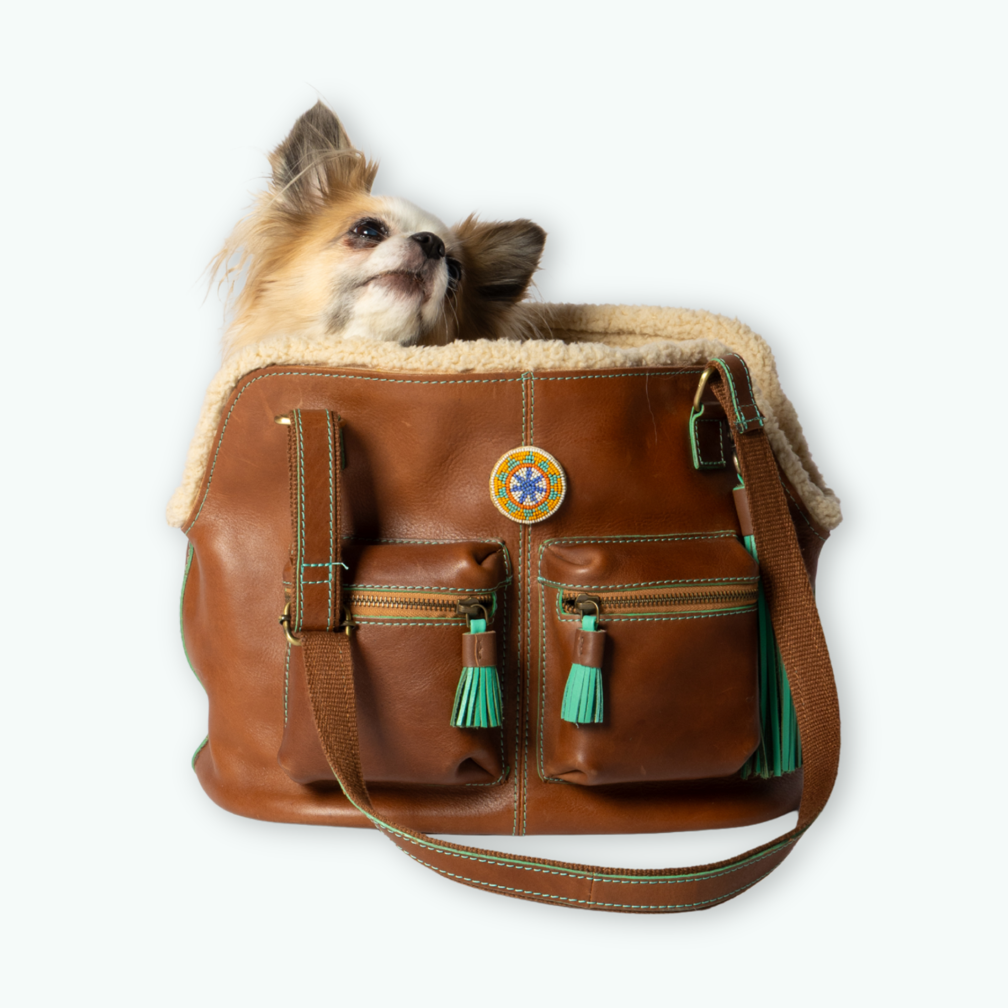 Hipster Bag Blondie met kleine hond bruin leer turquoise