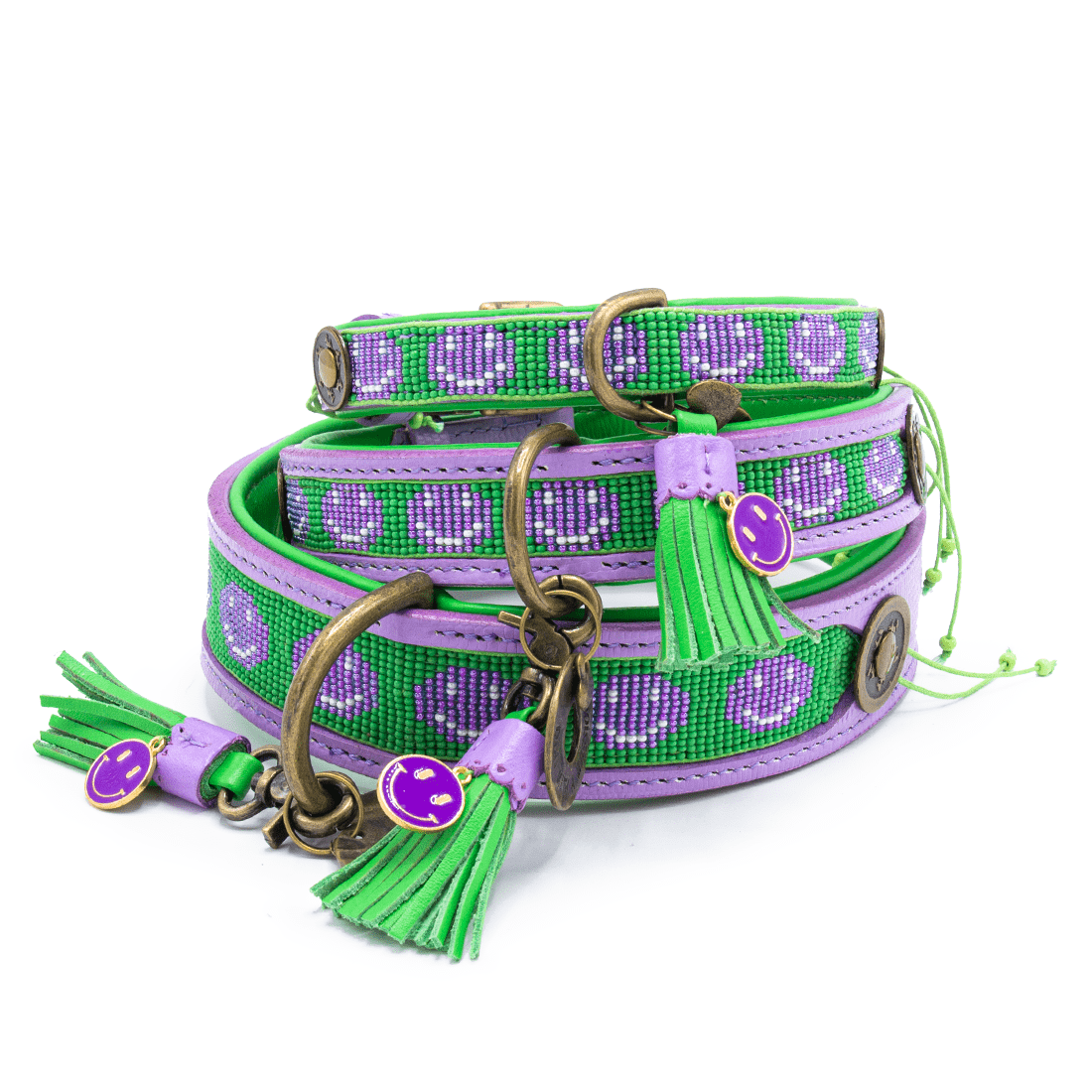 Dog-with-a-mission-Hondenhalsband-paars-groen-leer-uniek-Smiley