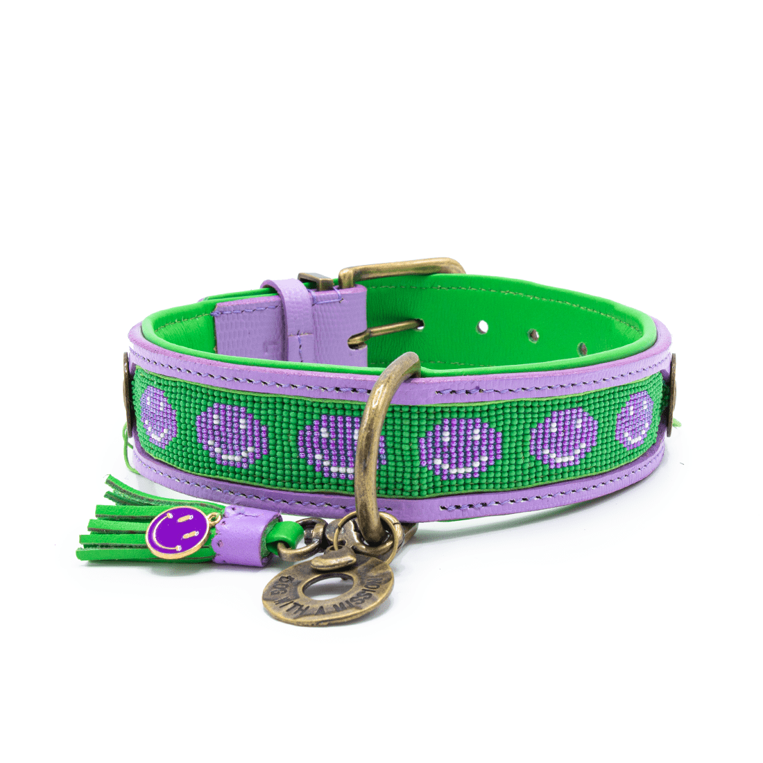 Dog-with-a-mission-Hundehalsband-lila-grünes-Leder-einzigartig-Smiley