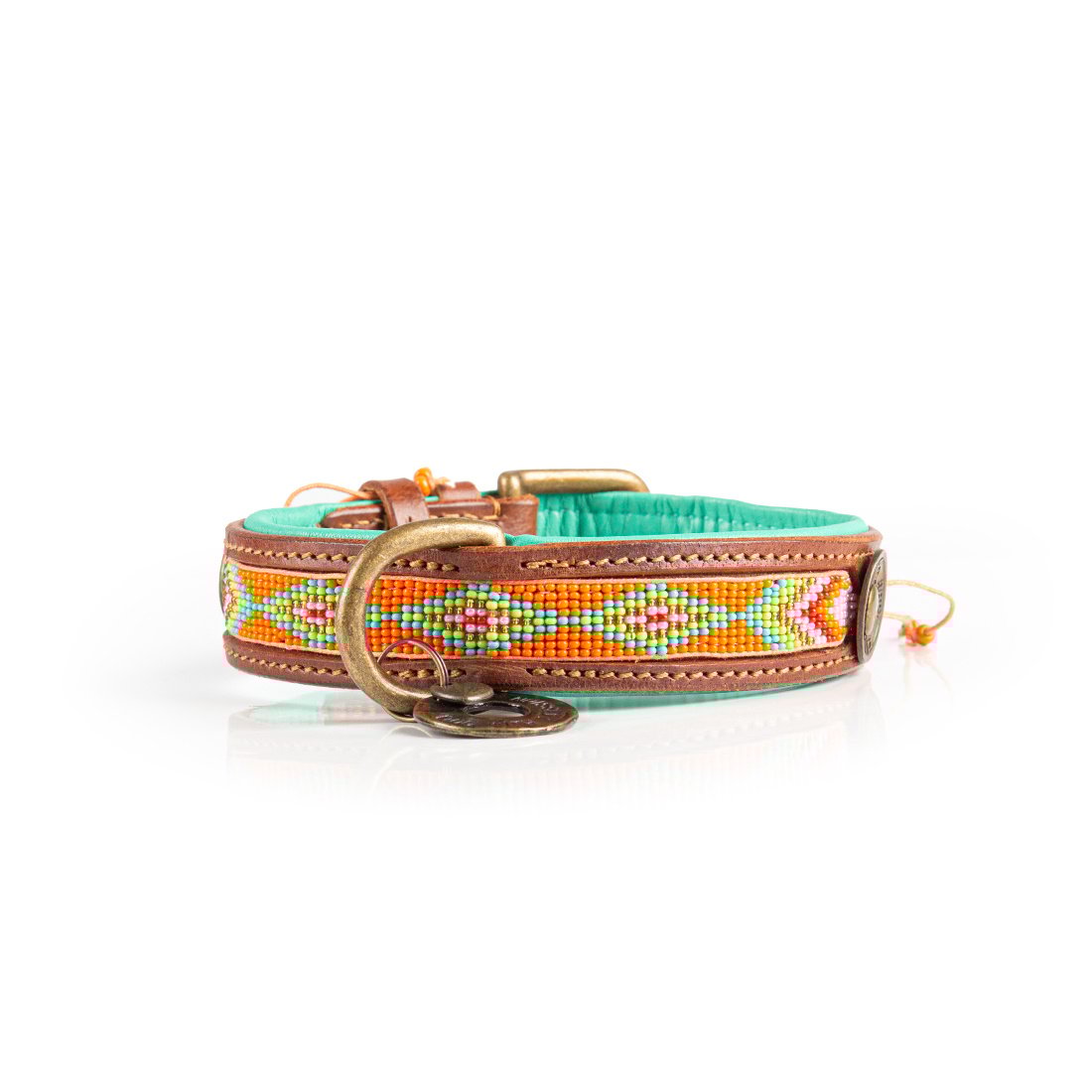 Beads Tiger Lily leren halsband S 2,5 cm oranje geel met kralen Dog with a Mission DWAM
