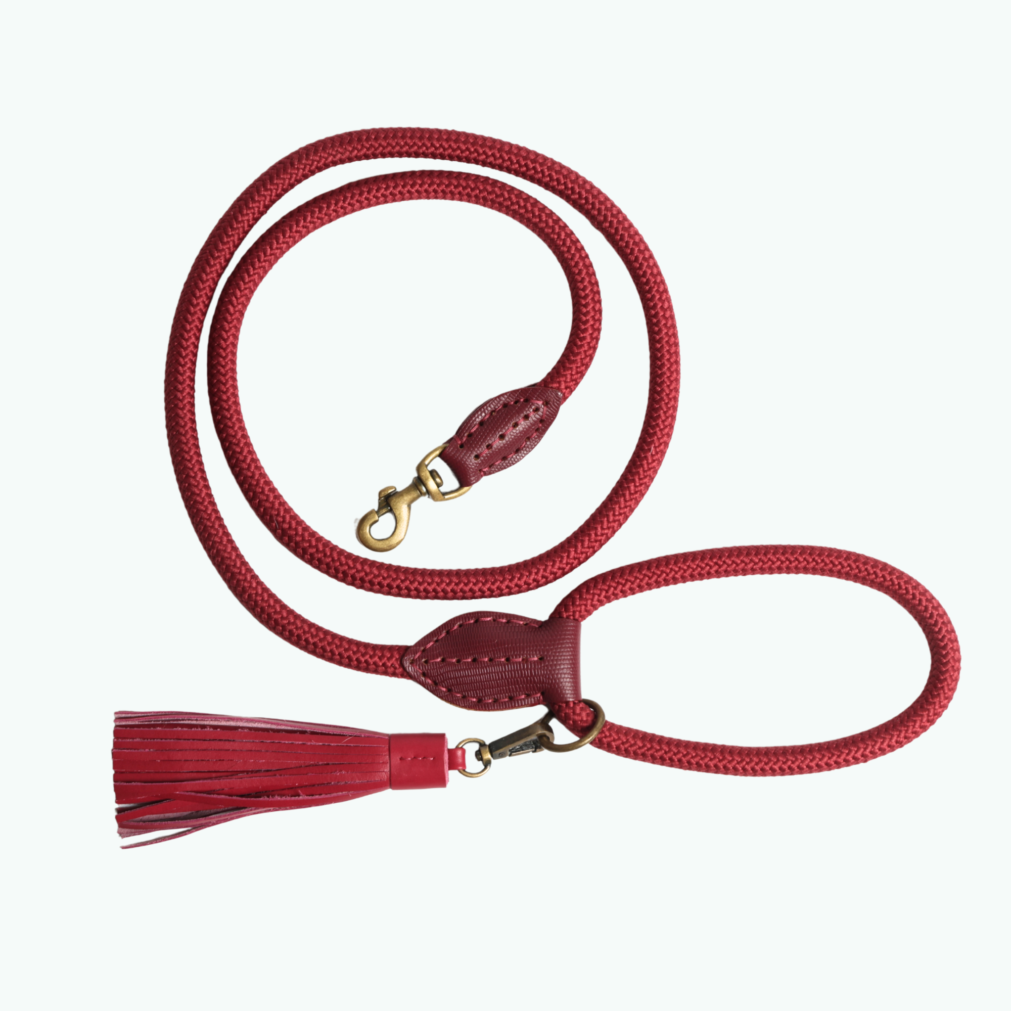 Bordeauxrode touwriem voor honden maat L van Dog with a Mission – Classic Merlot hondenriem 155 cm met gouden karabijnhaak en leren kwast