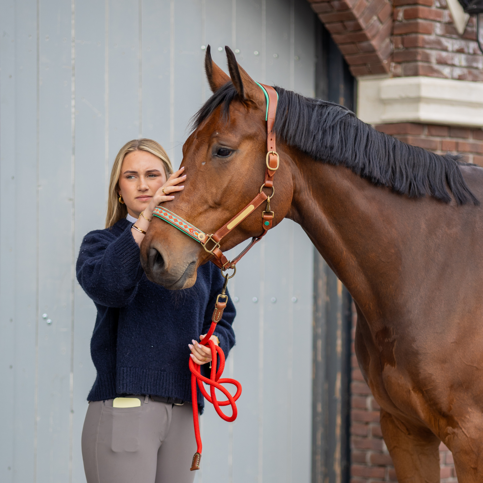 Woman petting chestnut horse wearing DWAM Paddy Lee buffalo leather halter with turquoise and red woven noseband, red lead rope, close-up outdoor setting