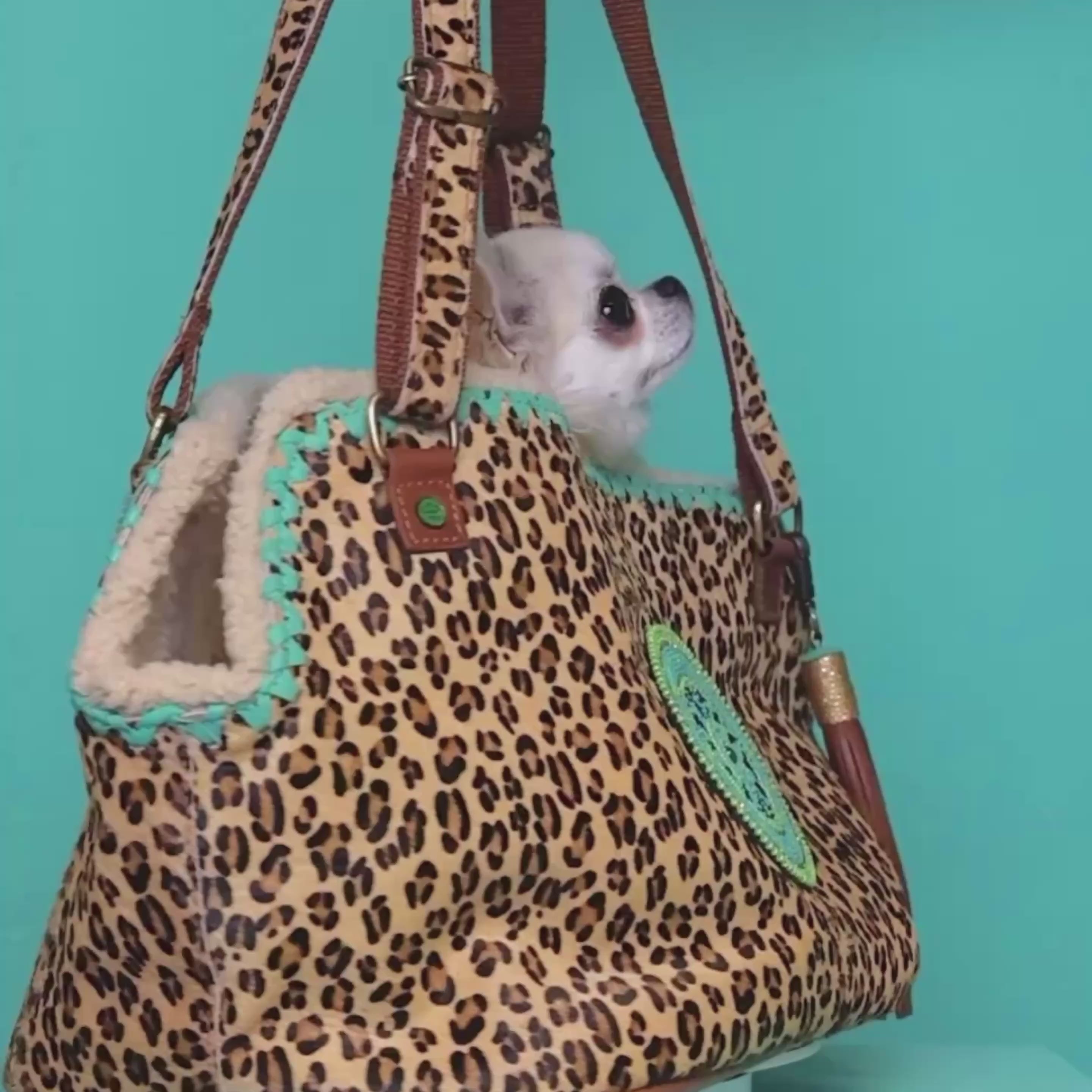 Leopard Lily hondentas luipaardprint leer met kleine hond - video demonstratie van handgemaakte draagtas met turquoise details