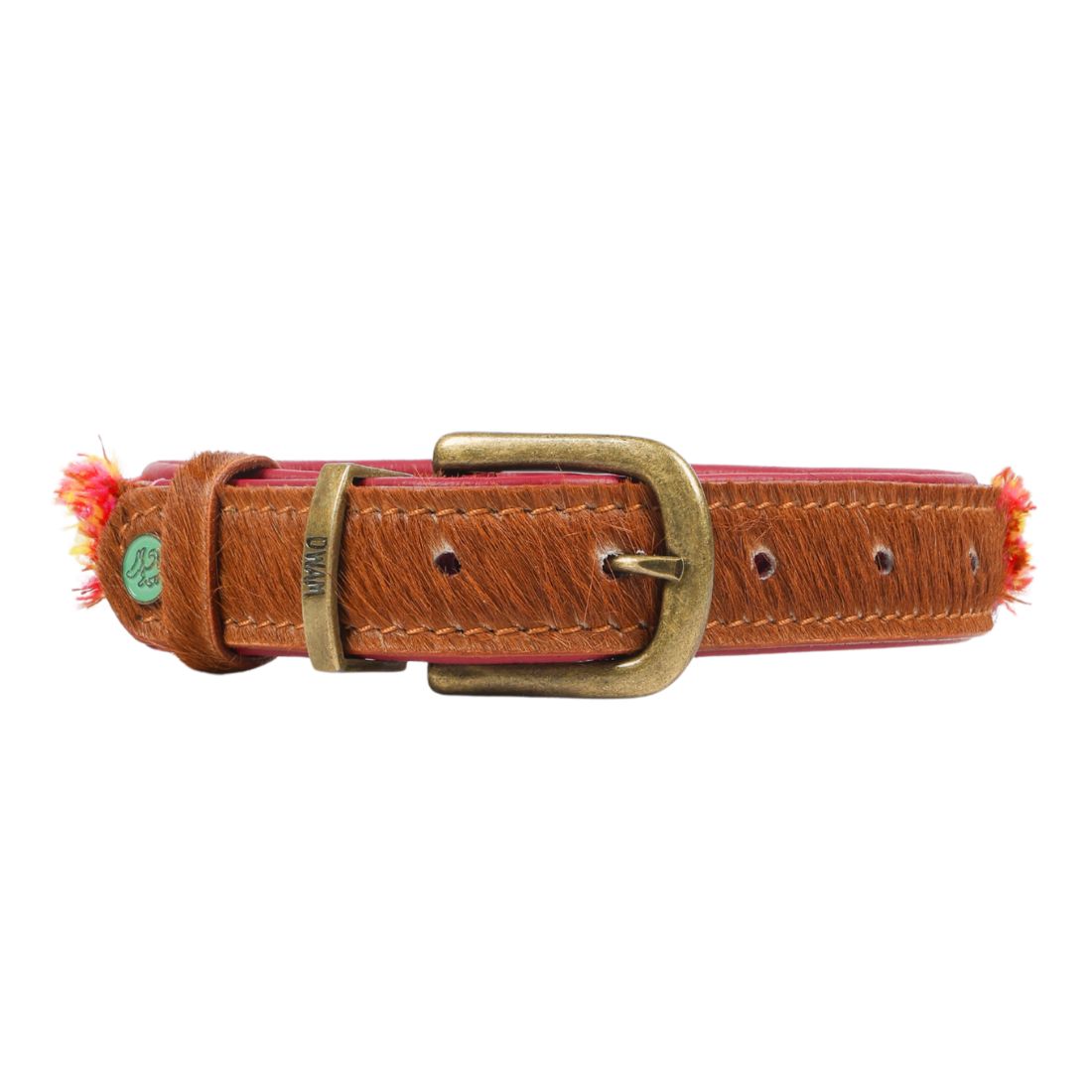 Achterkant van de Yuki hondenhalsband van 2,5 cm breed in bruin harig buffelleer met messing gesp, DWAM-lusje en groen drukknoopje